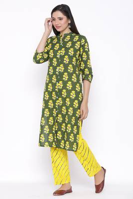 THIAB Womens Cotton Cambric Printed Straight Kurta Palazzo Set (Green) 3