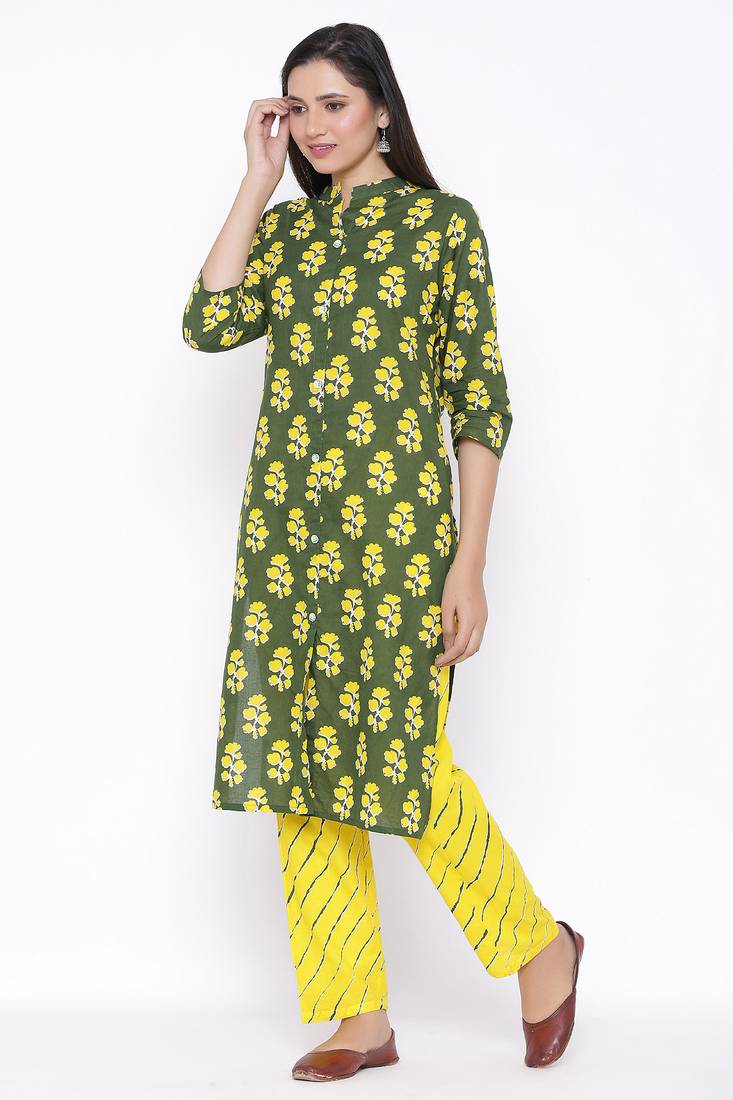 THIAB Womens Cotton Cambric Printed Straight Kurta Palazzo Set (Green)