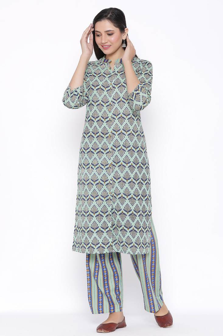 THIAB Womens Cotton Cambric Printed Straight Kurta Palazzo Set (Multi Color)