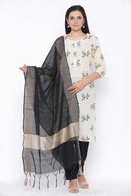 THIAB Womens Cotton Printed Straight Kurta Palazzo Dupatta Set (Off White) 1