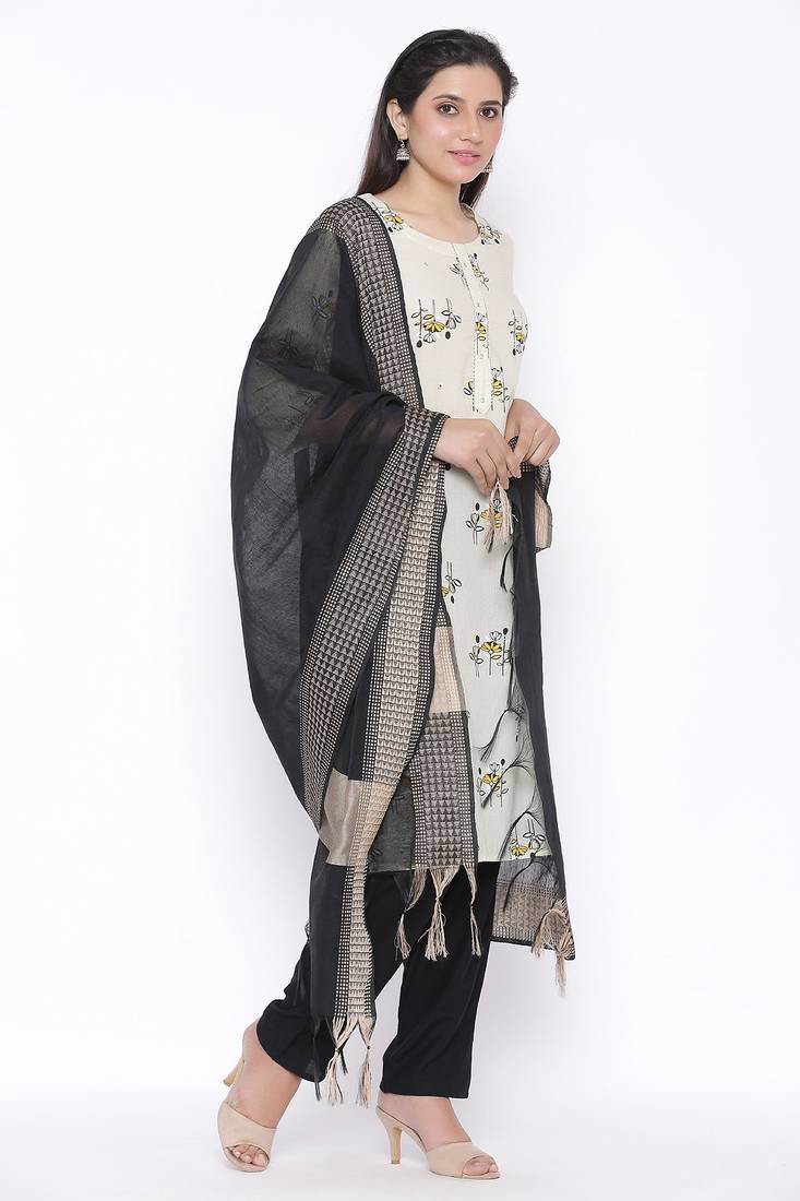 THIAB Womens Cotton Printed Straight Kurta Palazzo Dupatta Set (Off White)