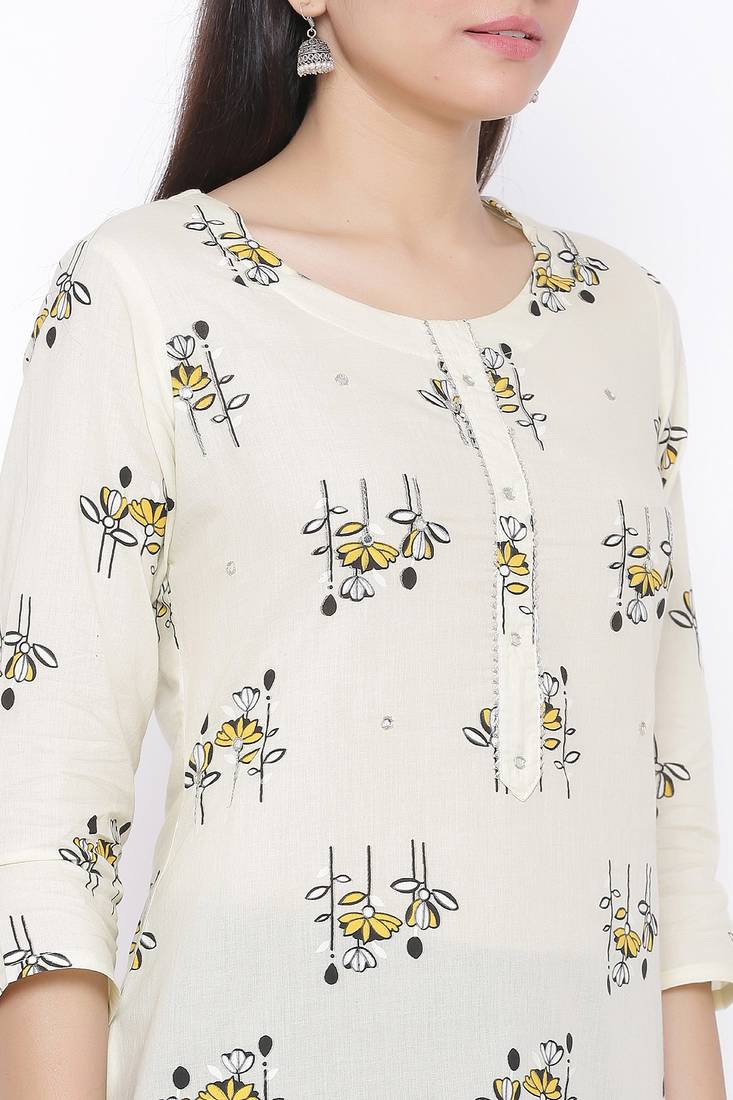 THIAB Womens Cotton Printed Straight Kurta Palazzo Dupatta Set (Off White)