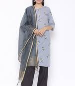 THIAB Womens Cotton Printed Straight Kurta Palazzo Dupatta Set (Grey)