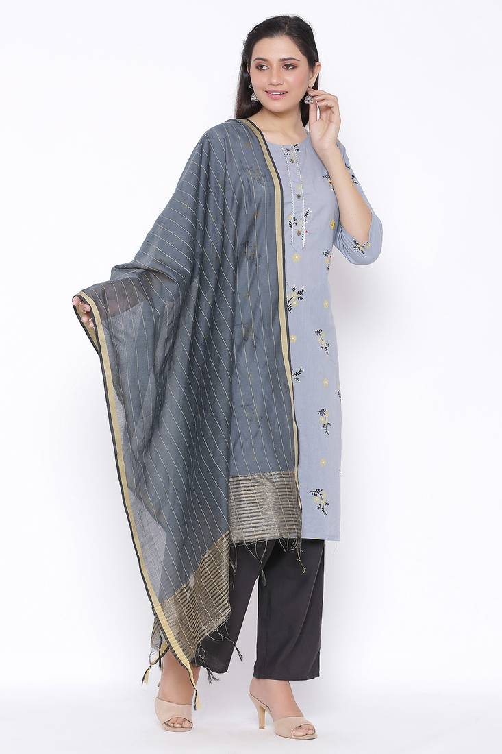 THIAB Womens Cotton Printed Straight Kurta Palazzo Dupatta Set (Grey)