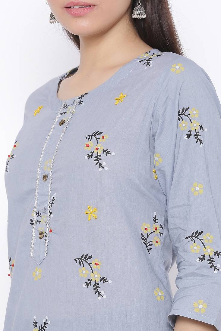 THIAB Womens Cotton Printed Straight Kurta Palazzo Dupatta Set (Grey)