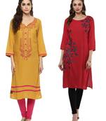 Mustard and Red Printed Rayon Straight Kurti Combo