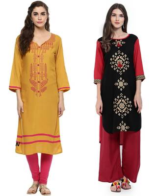 Mustard and Red Printed Rayon Straight Kurti Combo 1