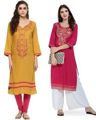 Mustard and Pink Printed Rayon Straight Kurti Combo 1