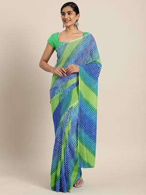 Shaily Women's Green & Blue Georgette Printed Saree 1
