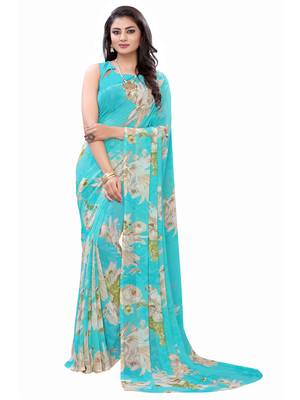 Aqua blue printed georgette saree with blouse 1