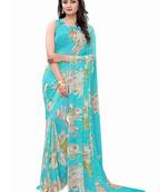 Aqua blue printed georgette saree with blouse