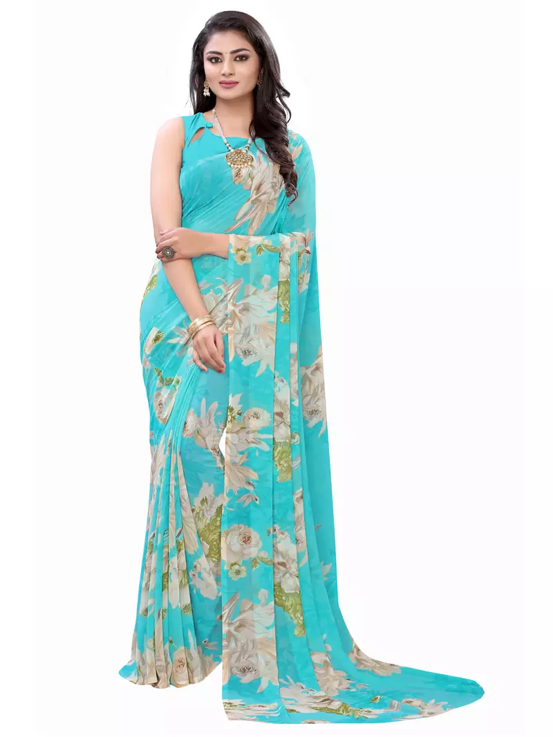 Aqua blue printed georgette saree with blouse