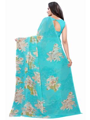Aqua blue printed georgette saree with blouse 2