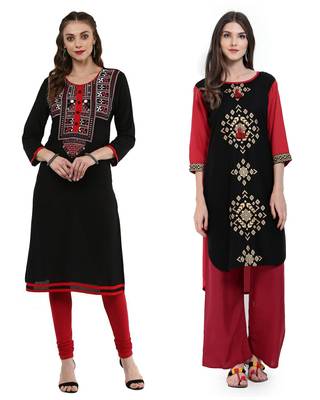 Black and Red Printed Rayon Straight Kurti Combo 1