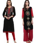 Black and Red Printed Rayon Straight Kurti Combo