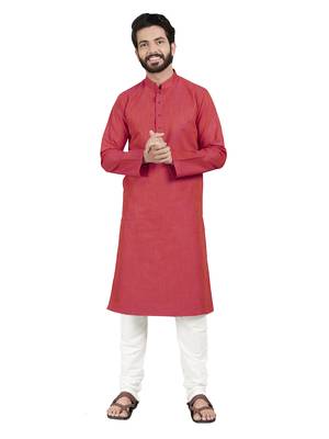 Red plain pure cotton kurta-pajama 1