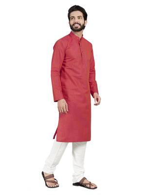 Red plain pure cotton kurta-pajama 5
