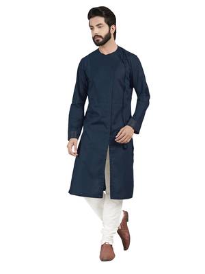 Blue plain pure cotton kurta-pajama 1
