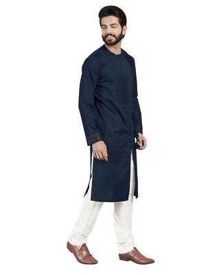 Blue plain pure cotton kurta-pajama 3