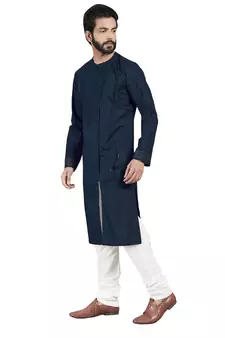 Blue plain pure cotton kurta-pajama