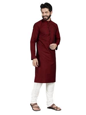 Maroon plain pure cotton kurta-pajama 5