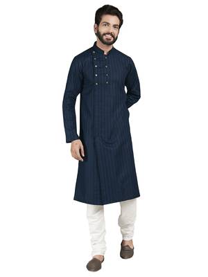 Blue plain pure cotton kurta-pajama 1