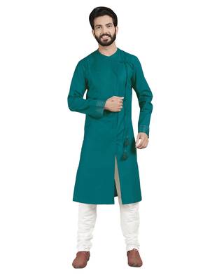 Blue plain pure cotton kurta-pajama 1