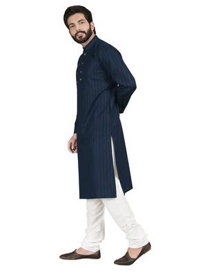 Blue plain pure cotton kurta-pajama 3