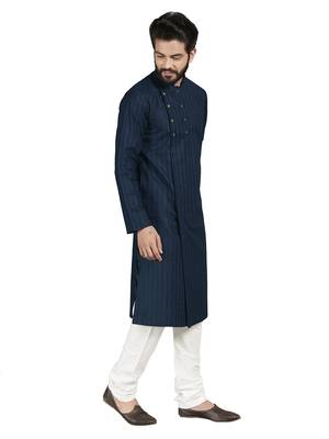 Blue plain pure cotton kurta-pajama 5