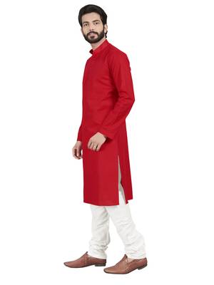 Red plain pure cotton kurta-pajama 3