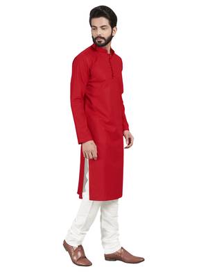 Red plain pure cotton kurta-pajama 5