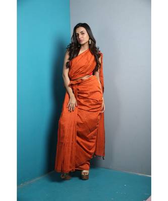 Orange Khadi Cotton Saree With Blouse 1