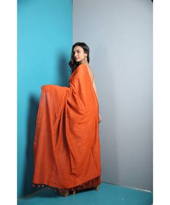 Orange Khadi Cotton Saree With Blouse 3