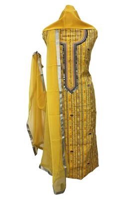 Geometric Print Yellow Muslin Silk Embroidered Unstitched Suit 1