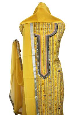 Geometric Print Yellow Muslin Silk Embroidered Unstitched Suit 2