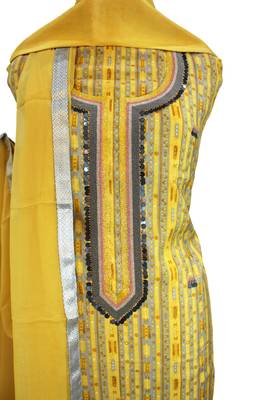 Geometric Print Yellow Muslin Silk Embroidered Unstitched Suit 3