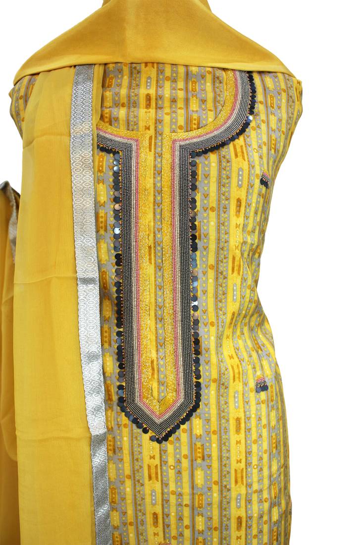 Geometric Print Yellow Muslin Silk Embroidered Unstitched Suit