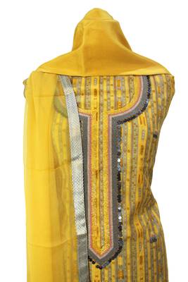 Geometric Print Yellow Muslin Silk Embroidered Unstitched Suit 4