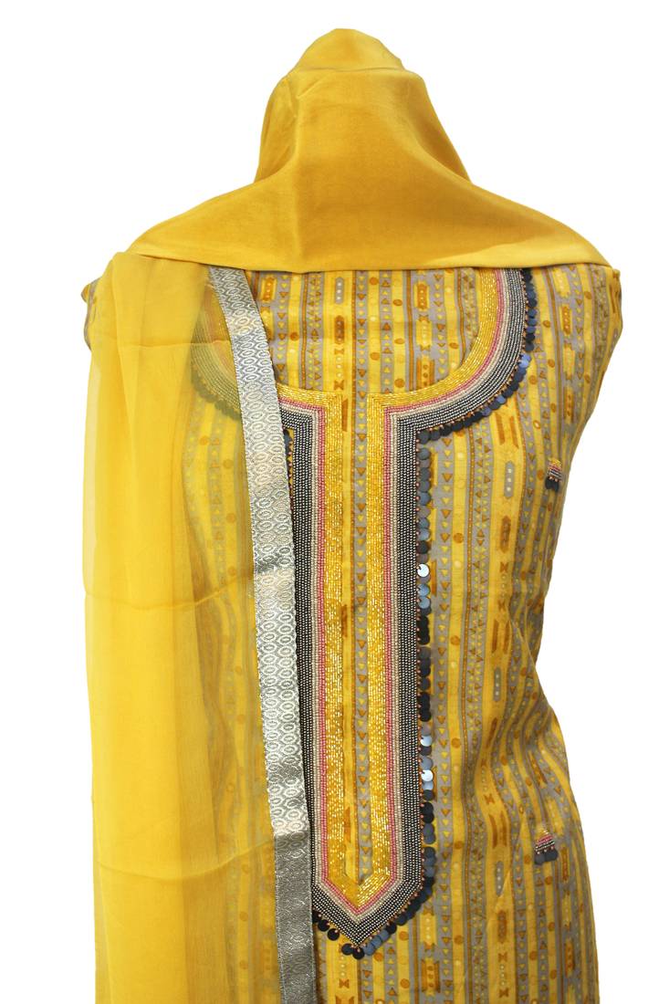Geometric Print Yellow Muslin Silk Embroidered Unstitched Suit