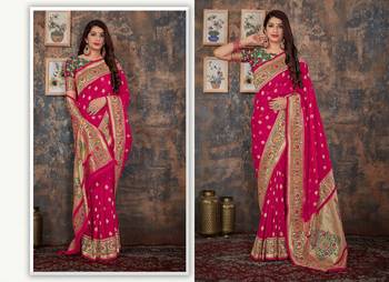 Pink woven banarasi silk saree with blouse 3