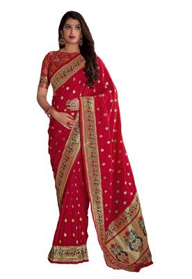 Red woven banarasi silk saree with blouse 1