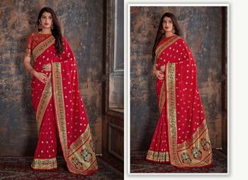 Red woven banarasi silk saree with blouse 3