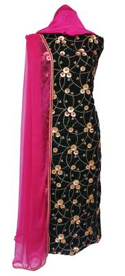 Bottle Green Magenta Velvet Embroidery Unstitched Suit 1