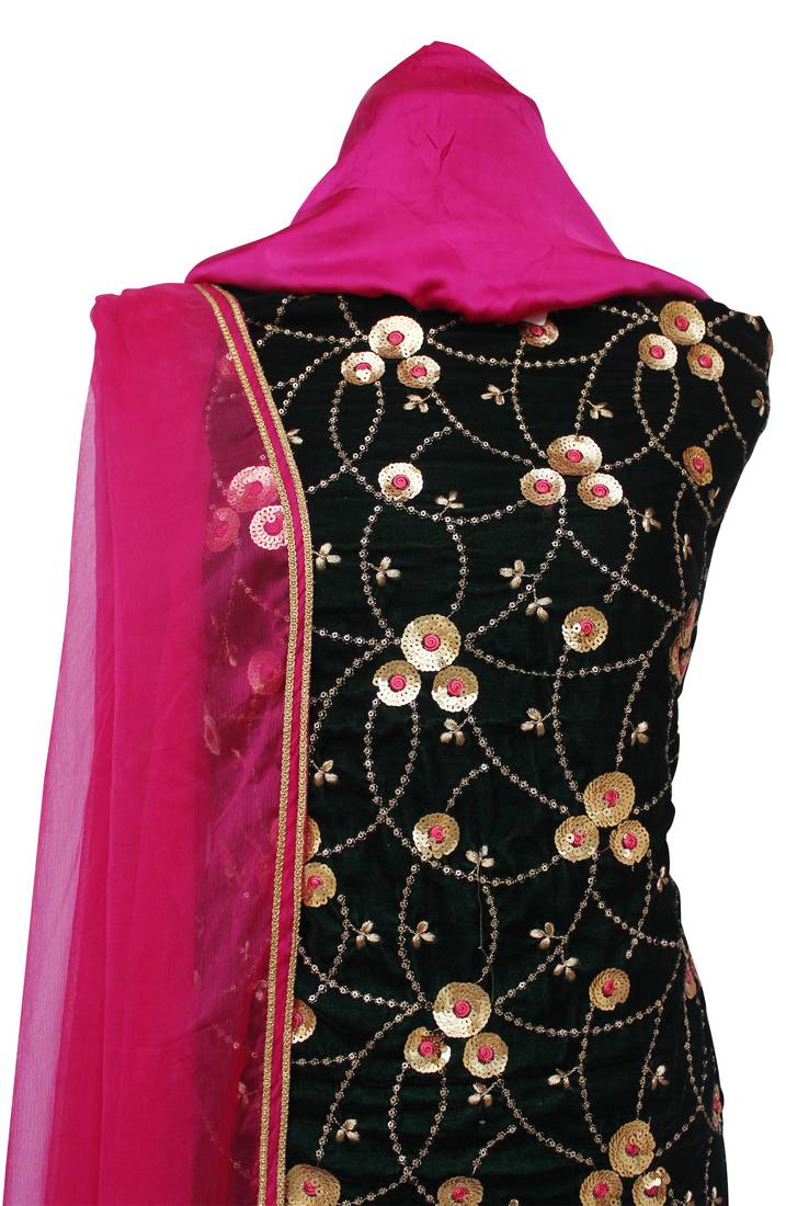 Bottle Green Magenta Velvet Embroidery Unstitched Suit