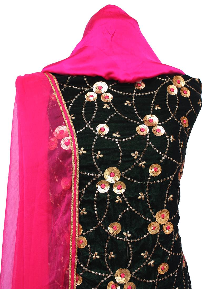 Bottle Green Magenta Velvet Embroidery Unstitched Suit
