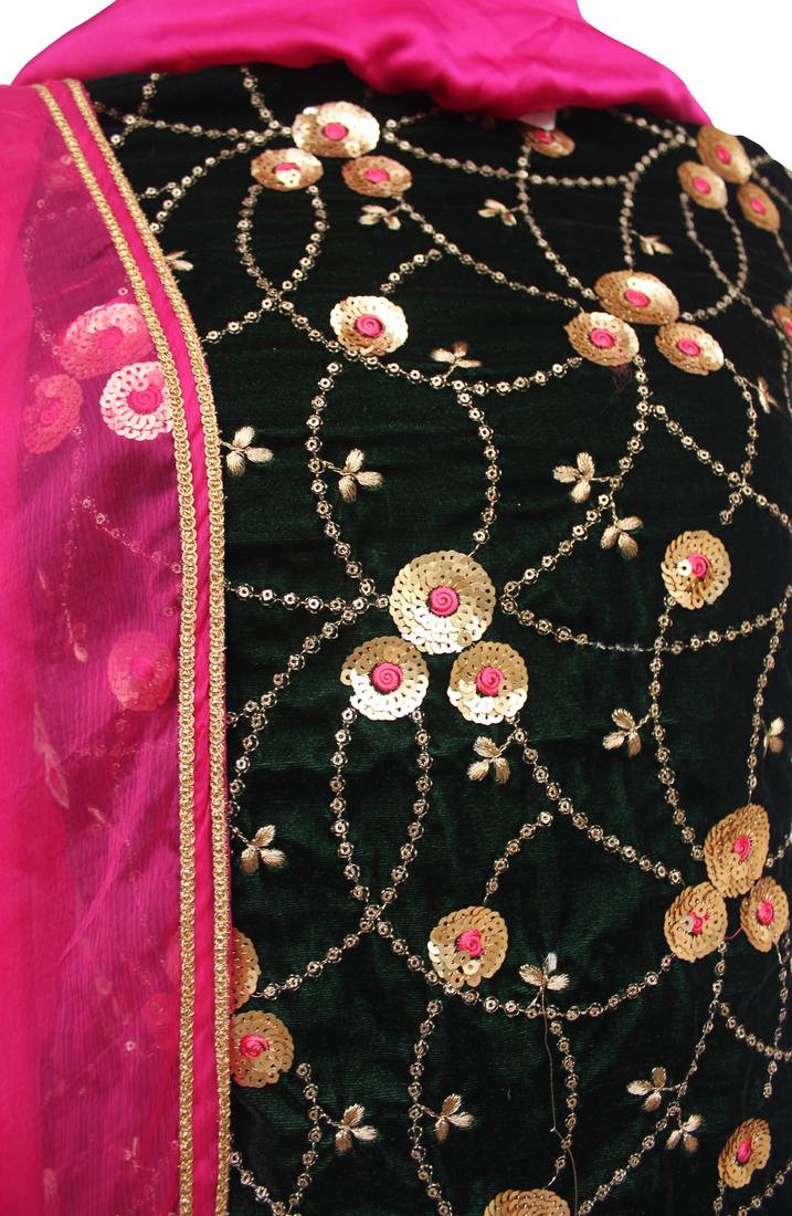 Bottle Green Magenta Velvet Embroidery Unstitched Suit
