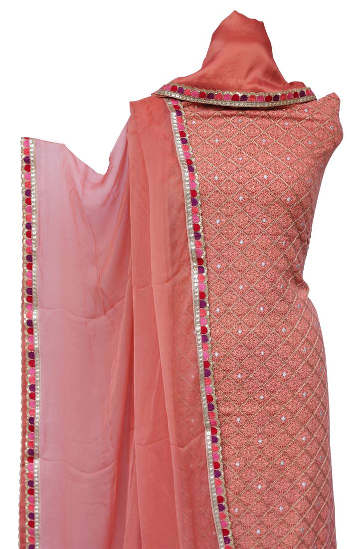 Salmon Orange Georgette Embroidery Unstitched Suit Set