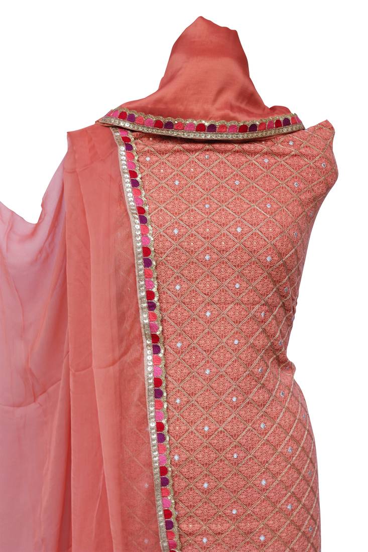 Salmon Orange Georgette Embroidery Unstitched Suit Set