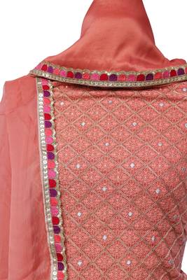 Salmon Orange Georgette Embroidery Unstitched Suit Set 4