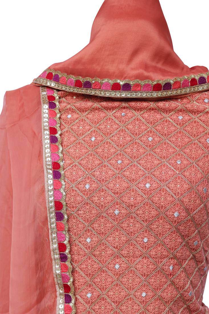 Salmon Orange Georgette Embroidery Unstitched Suit Set